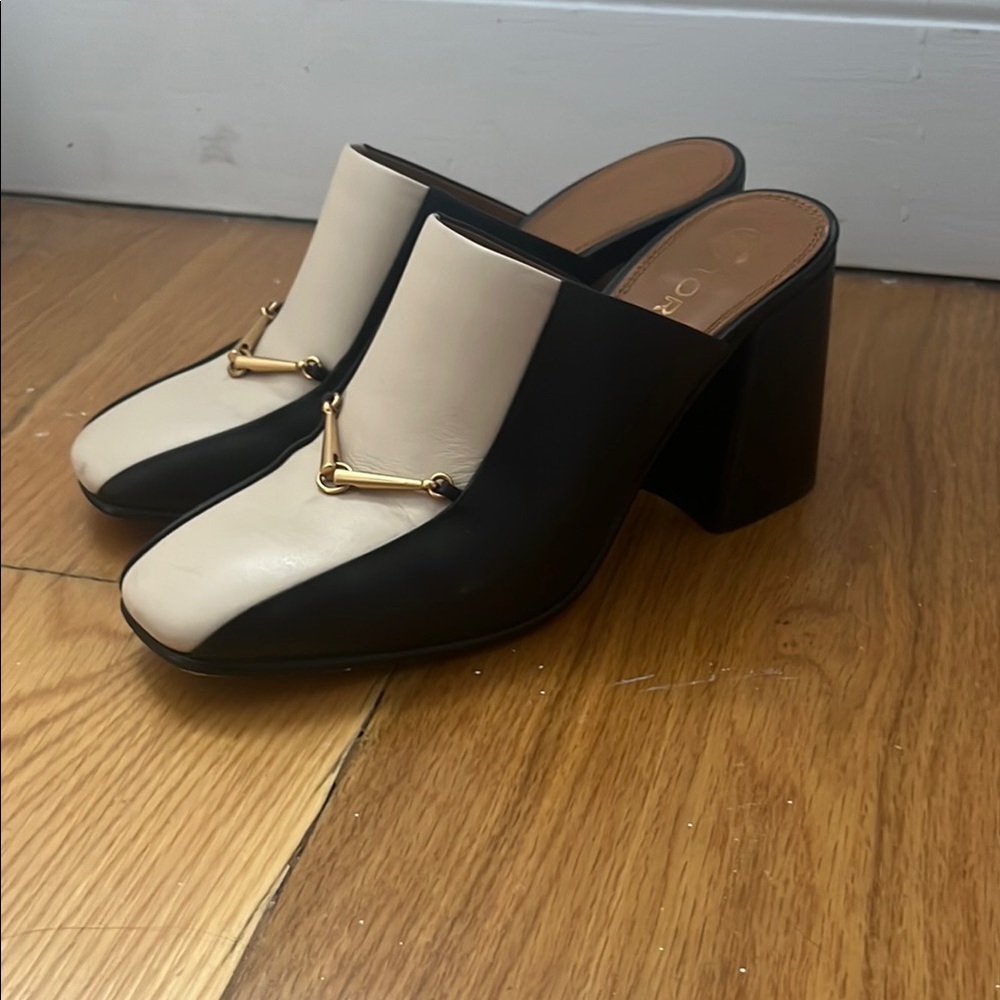 Tory Burch Black and Cream Leather Mules